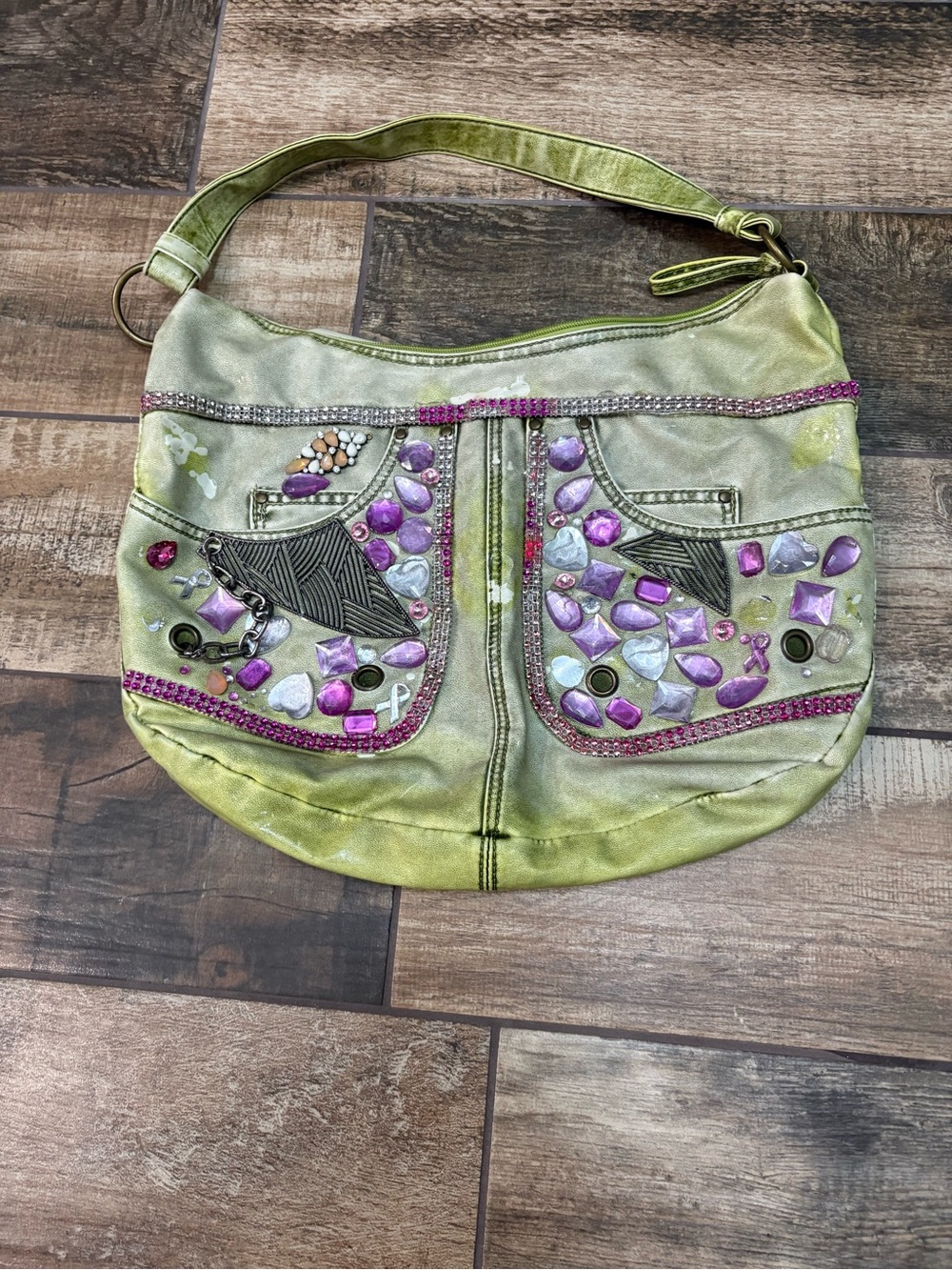 Embellished Green Shoulder Bag with Pink Accents
